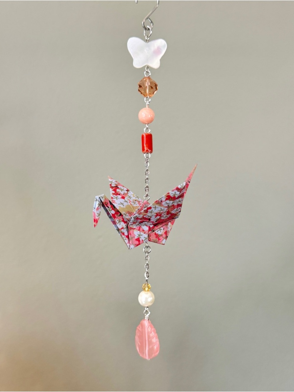 Origami Ornament #2456 - Medium Crane with Repurposed Beads
